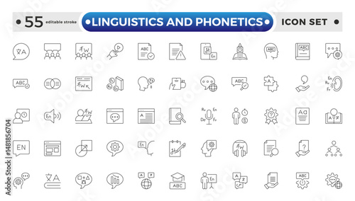 linguistics and phonetics outline icon set with language, phonetic, phonology, morphology, syntax, semantic, pragmatic, cognitive, grammar, and neural linguistics. Editable stroke outline icon.