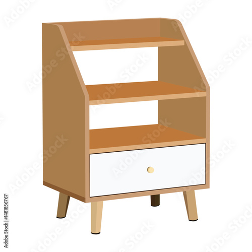 Wooden bookshelf with three open shelves and a white drawer on legs
