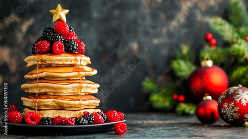 Festive christmas tree pancakes with maple syrup and berries on a dark background adorned with holiday ornaments a sweet and delicious christmas morning breakfast treat 