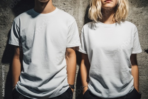 白い無地Tシャツを着た男女