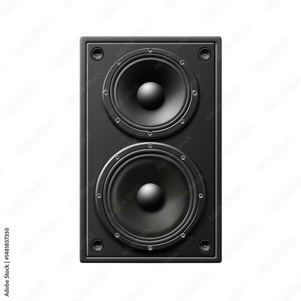 Sleek black speaker dual woofers deep bass rich sound studio quality on transparent background Sleek black speaker dual woofers deep bass rich sound studio quality on transparent background