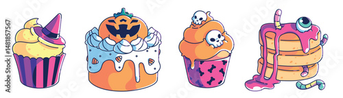 Kawaii Halloween dessert stickers - cute jack-o-lantern pumpkin cake, cupcake with whipped cream and witch hat , funny skull muffin sprinkles, pancakes with worm and eye jelly. spooky holiday treats.