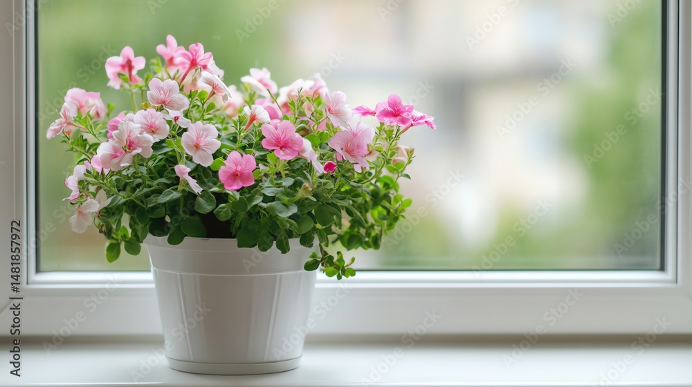 Obraz premium A vibrant pot of flowers sits on a bright white windowsill.