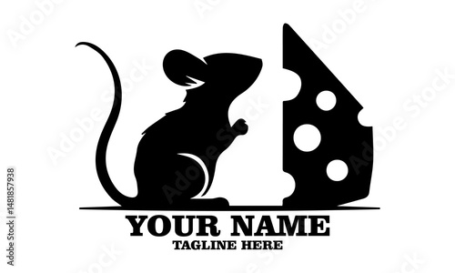 illustration vector black silhouette of a mouse and a piece of cheese, simple logo of mouse silhouette eating cheese and mouse and a piece of cheese vector logo design