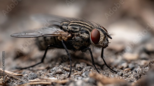 Ultra-macro image of a housefly on textured surface showing eye and wing detail