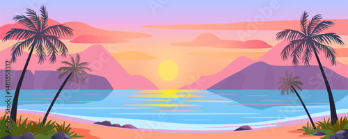 Paradise pink sunset on the beach with palm trees. Sandy beach at sunset. Tropical beach vacation. Vector illustration of seascape and vacation.