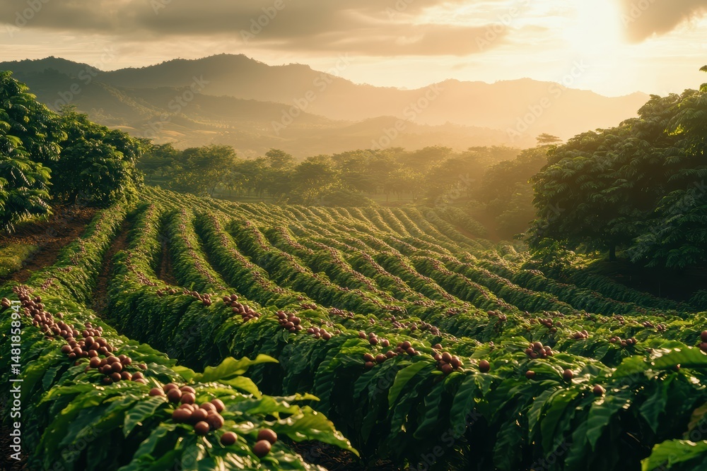 Fototapeta premium Explore lush coffee plantations during sunrise in a scenic mountainous region