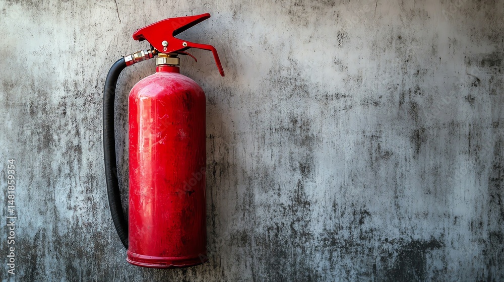 Obraz premium A bright red fire extinguisher is prominently displayed against a gray concrete wall.