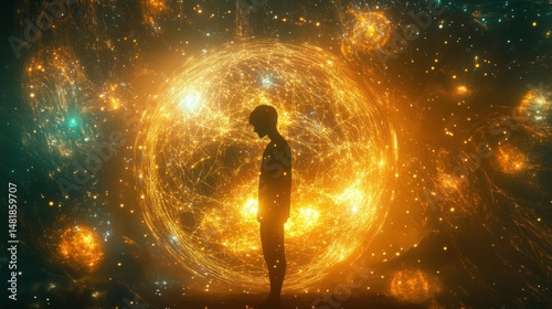 Silhouette of a person in front of a glowing orb in a cosmic backdrop