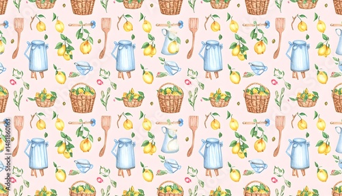 Yellow lemons with blue ribbon and stripes, watercolor pattern, vintage summer kitchen style