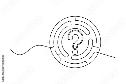 Circular maze with question mark symbol simplifying concept of problem solving in a simple line drawing style