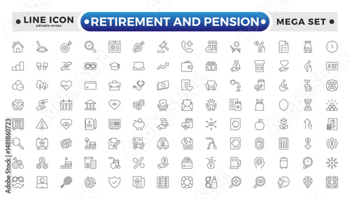 Retirement and pension outline icon set. Employee benefit stroke icons set. Related to teamwork, insurance, Bonus, pension, and Security. Editable stroke outline icon.