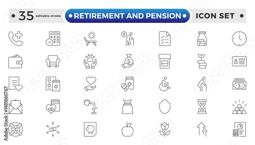 Retirement and pension outline icon set. Employee benefit stroke icons set. Related to teamwork, insurance, Bonus, pension, and Security. Editable stroke outline icon.