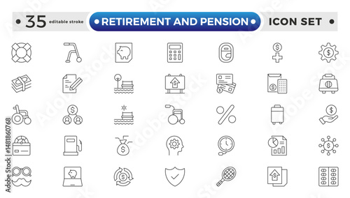 Retirement and pension outline icon set. Employee benefit stroke icons set. Related to teamwork, insurance, Bonus, pension, and Security. Editable stroke outline icon.