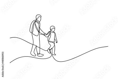 A father and child walking together hand in hand minimalist continuous line drawing on white background