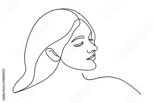 Minimalist one line drawing of a beautiful woman with long hair depicting serenity and grace in simple black lines