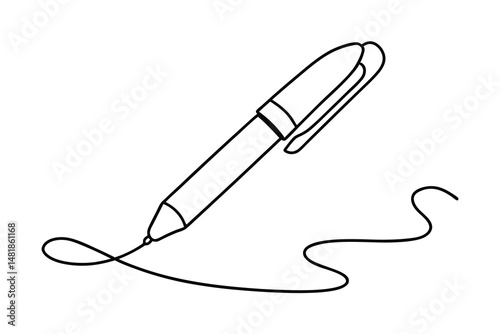 Simple line drawing depicting a fountain pen with a curved trace on a white background