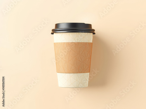 Modern Coffee Cup Mockup: Takeaway Paper Cup with Lid and Sleeve on Beige Background