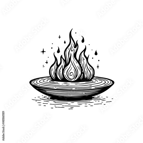 Stylized bonfire illustration with flame details and mystical atmosphere on a platter