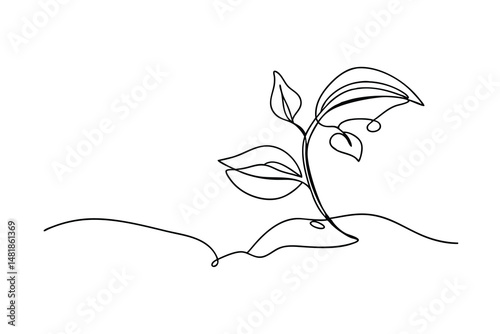 Simple black line drawing of a young plant with leaves growing from the ground showing new life