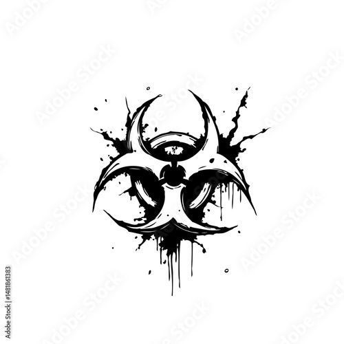 Striking Monochrome Rendering of a Biohazard Symbol with Dynamic Splatter Effects