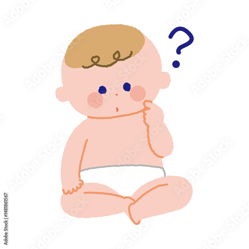 クエスチョンマークとお座りしている赤ちゃん全身