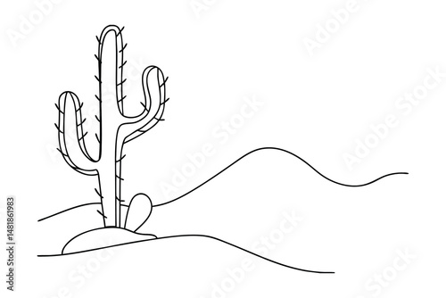 Simple line drawing depicting a tall cactus plant in the desert landscape with rolling sand dunes