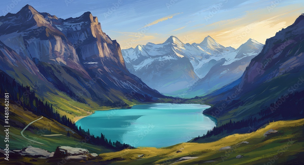 Obraz premium Scenic Mountain Lake Landscape with Snow-capped Peaks Painting