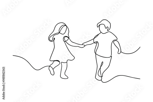 Minimalist continuous line drawing depicting two children holding hands in unity and harmony against a white background