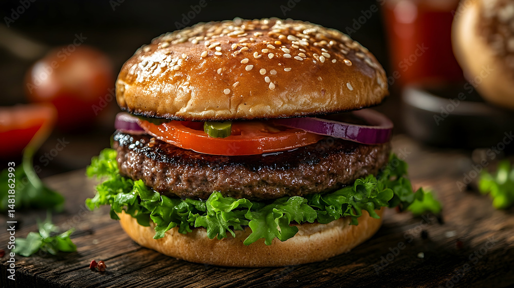 Close-up view of a delectable gourmet hamburger on a rustic wooden board. Close-up view of a delectable gourmet hamburger on a rustic wooden board.