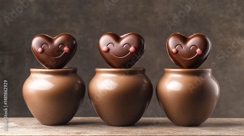 Three heart shaped chocolates with smiles in vases against a grey background: sweet treats for love valentines day or a cheerful confectionery surprise 