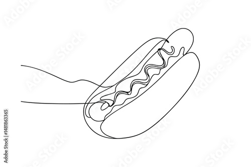 Simple continuous line drawing of a delicious hot dog with mustard or ketchup on a white background