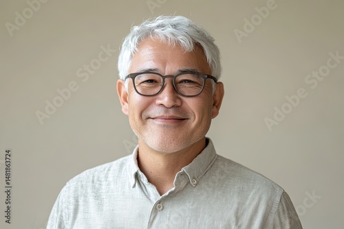 A middle-aged Japanese man with glasses and white hair, smiling slightly at the camera against a plain background. He is wearing an elegant button