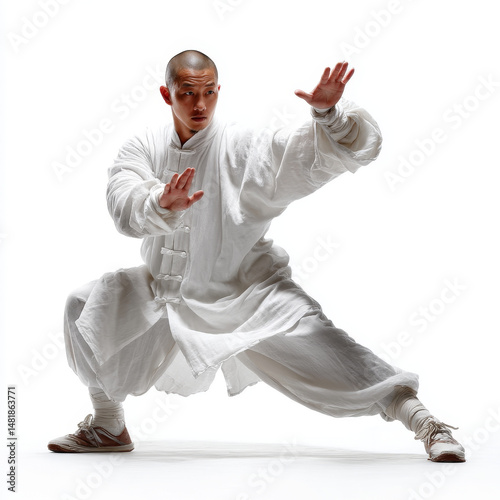Martial artist in white uniform performing a dynamic stance