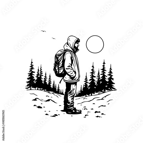 Solitary trekker in minimalist monochrome, contemplating the vast wilderness scenery