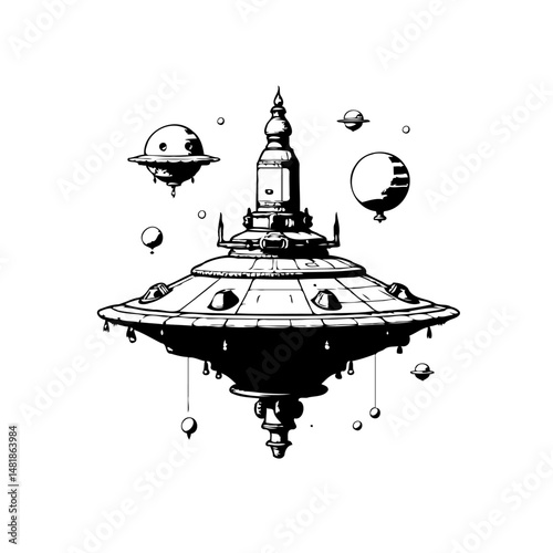 Stylized monochrome illustration of a whimsical celestial city drifting among planets