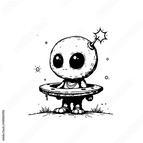 Whimsical monochrome drawing of an alien-like creature in minimalist style