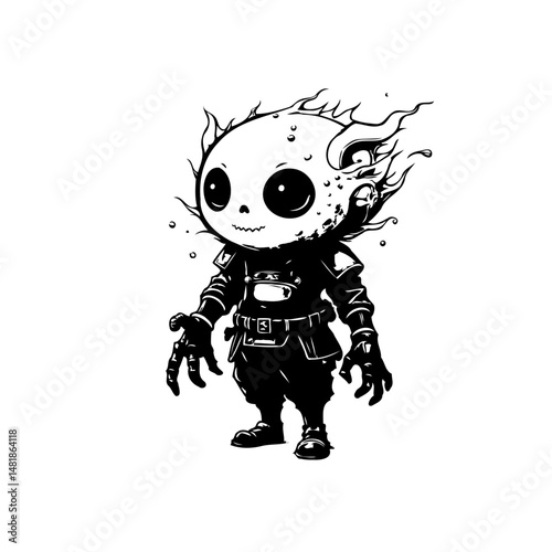 Stylized monochrome character art featuring a distinctive otherworldly being