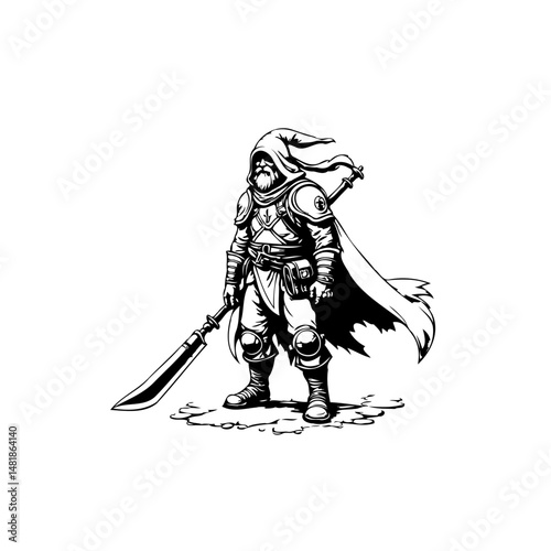 Cloaked swordsman illustration for fantasy game, isolated on white background