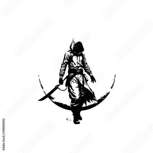 Mysterious hooded figure wielding a sword, emerges from shadowy crescent