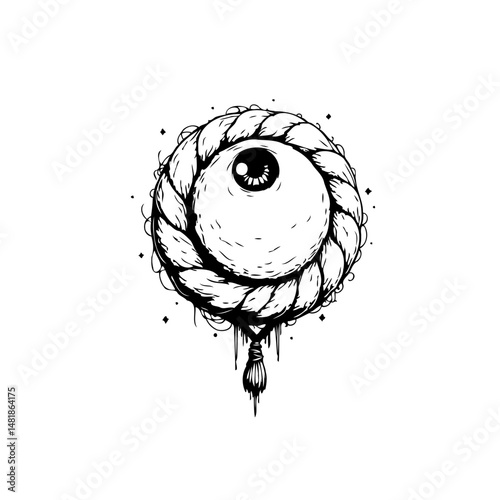 Macabre eye suspended in a knotted rope, conveying a sense of foreboding