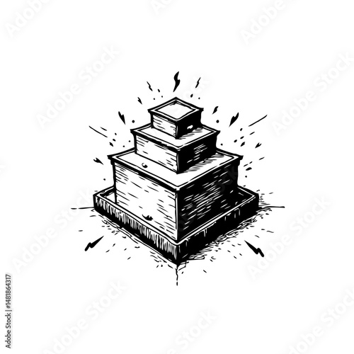 Stylized monochrome tiered platform illustration with radiating energy effect