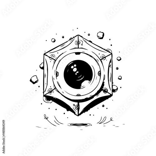Mystical geometric artifact with central eye, hovering above surface concept