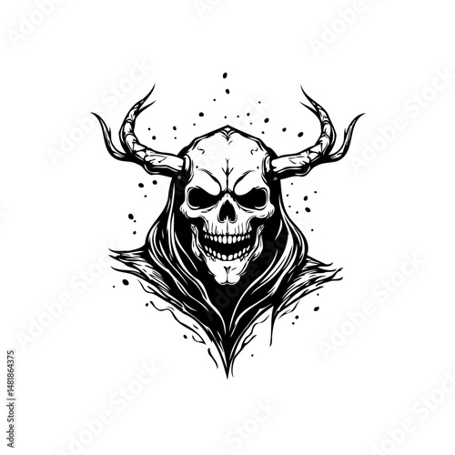 Monochrome horned skull illustration with a sinister grimace aesthetic
