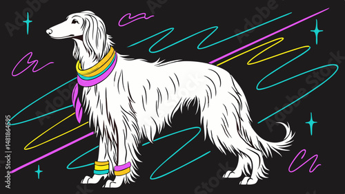 Vector SVG stylish Afghan hound with vibrant accessories, showcasing its elegance and grace in colorful design
