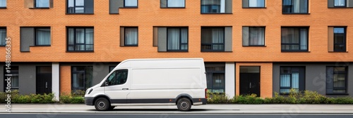 Delivery van near apartment building cargo vehicle with copy space on panel for transport logistics clean background