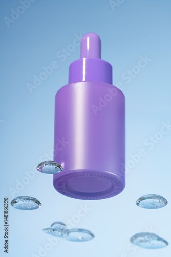 Violet dropper bottle of cosmetic product with serum on a glass shelf and water drops on a blue background, bottom view. Skin care concept