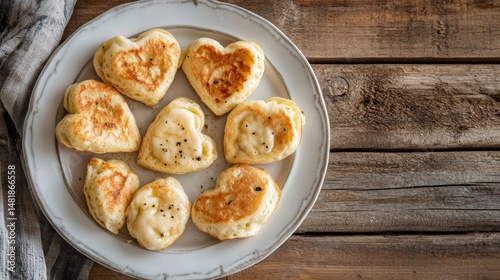 Heart shaped cheese blintzes on plate delicious homemade pancakes on rustic wood background sweet breakfast or dessert idea for valentines day celebration 