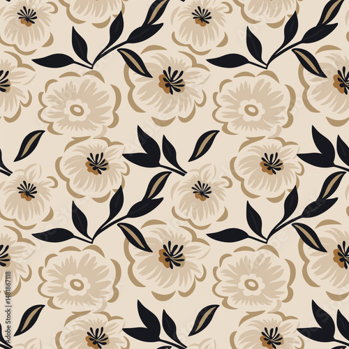 Seamless vintage floral pattern with cream flowers and black leaves on beige background