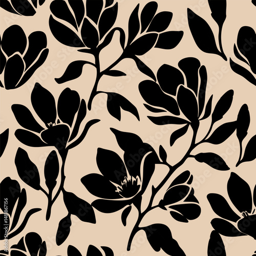 Seamless black magnolia floral pattern on beige background